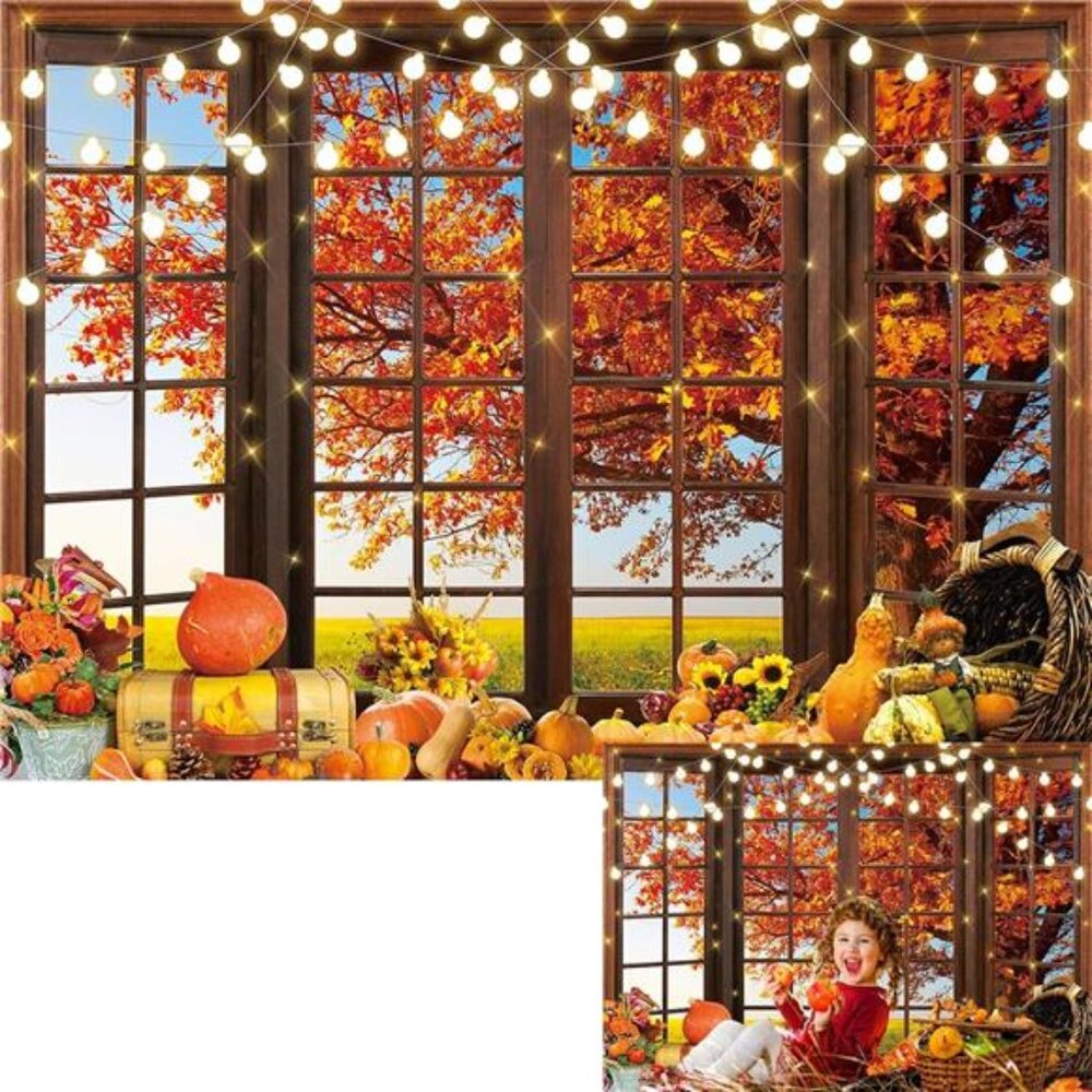 Fall Window Maple Tree Backdrop Glitter Pumpkin Corn Harvest Background Autumn